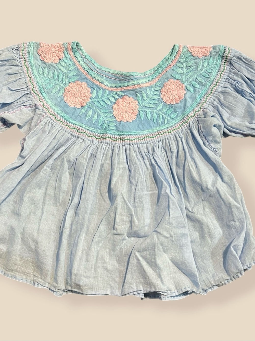 Light Blue Peasant Blouse with Mint Yoke and Pink Floral Embroidery